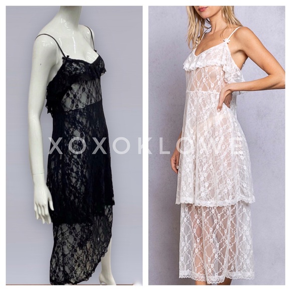 POL Sheer Lace Layering Slip Dress Spaghetti Straps Tiered Skirt - Picture 8 of 11